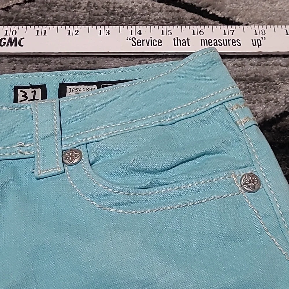 MISS ME AQUA RAW-HEM EMBROIDERED RHINESTONES DENIM JEAN SHORTS PRICE FIRM